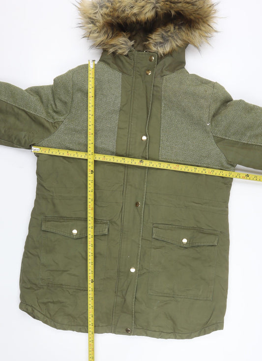 Influence Womens Green Faux Fur Hooded Parka Coat Size 14