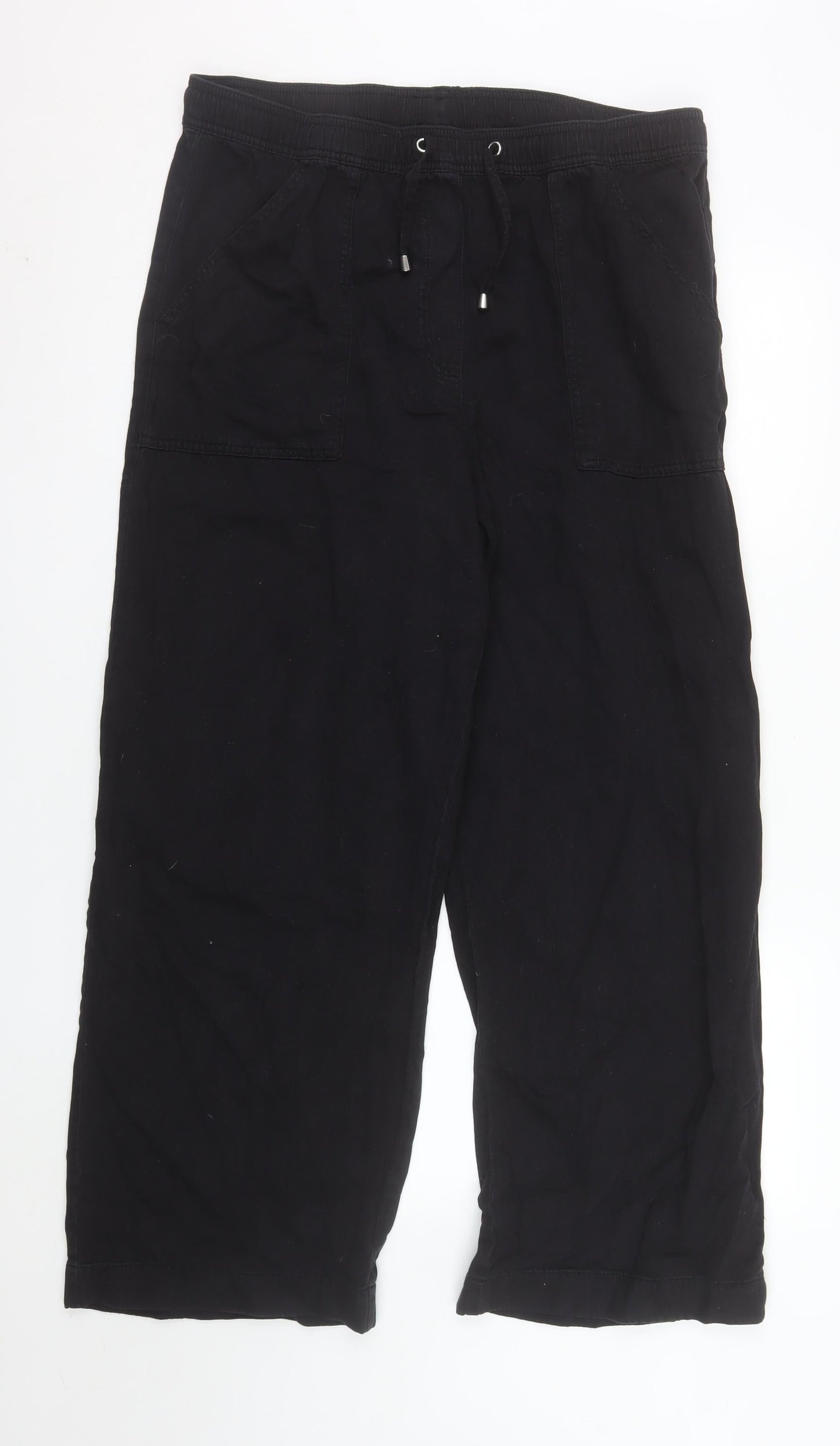 New Look Women Black Cropped Denim Cotton Drawstring Trousers Size 16