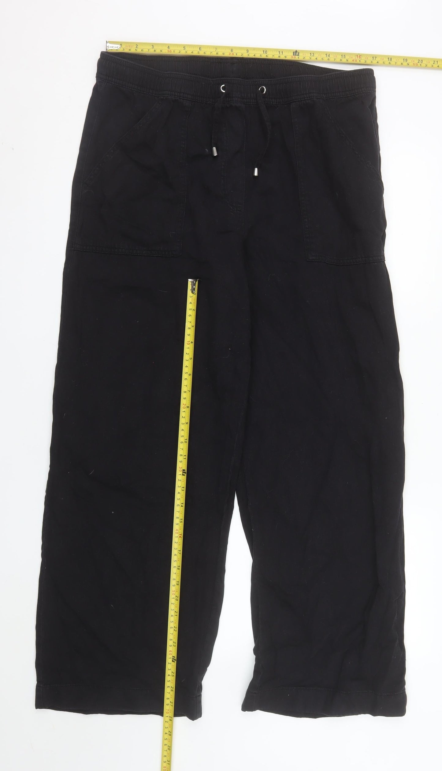 New Look Women Black Cropped Denim Cotton Drawstring Trousers Size 16