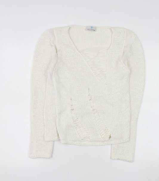 Bellina Women Ivory V-Neck Knit Pullover Jumper Size L