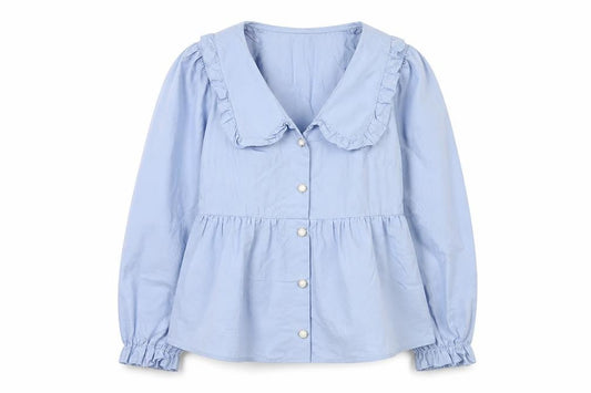 Miss Selfridge Women Blue Ruffle Collar Cotton Blouse Size 6