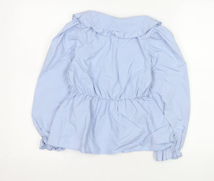 Miss Selfridge Women Blue Ruffle Collar Cotton Blouse Size 6