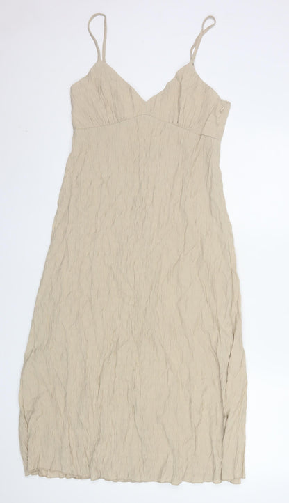 Stradivarius Women’s Beige Slip Midi Dress Size 8 Viscose Linen