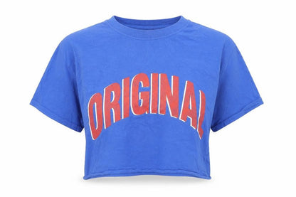 Miss Selfridge Women's Blue Cropped T-Shirt Size S Original Print