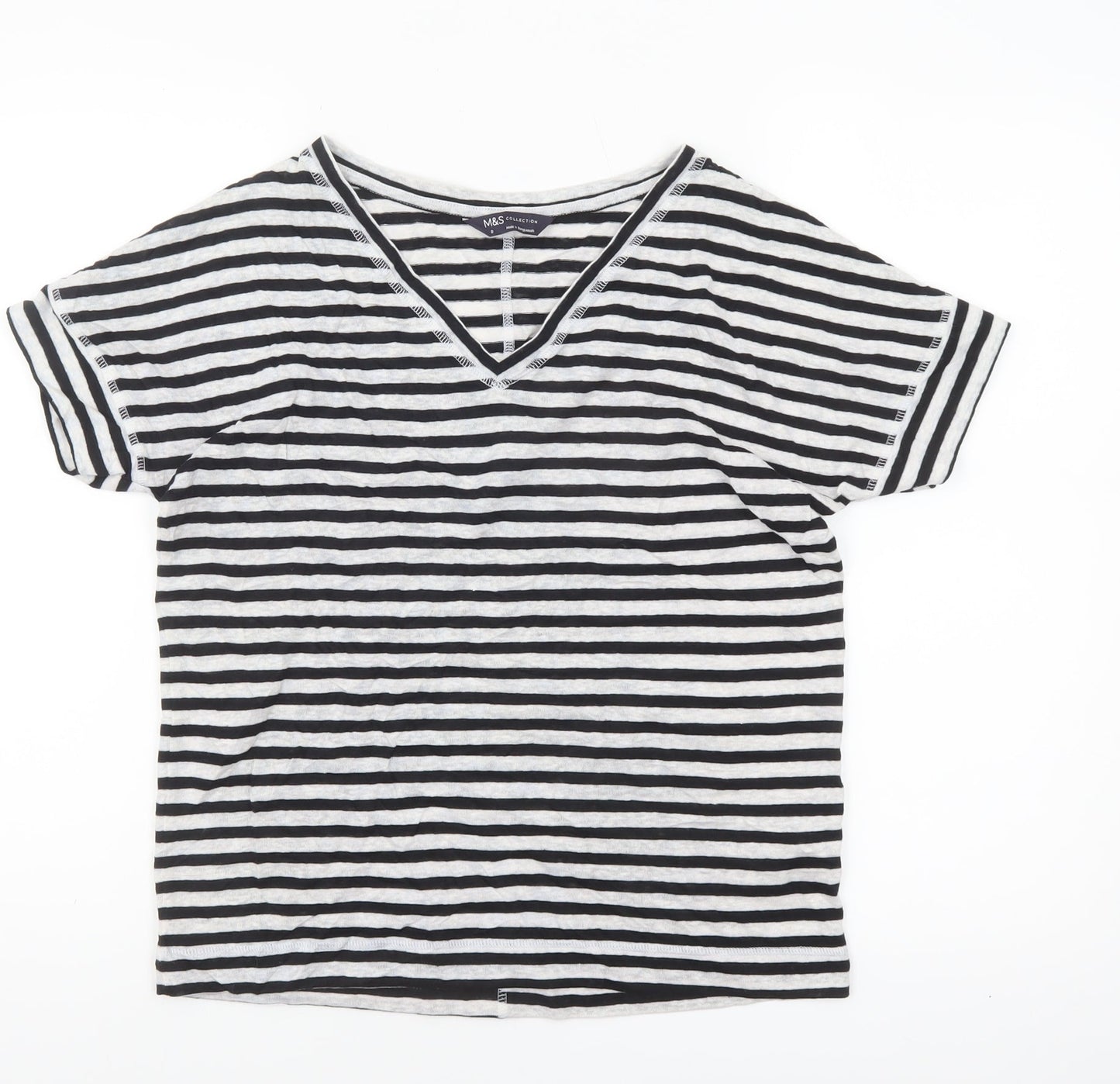 Marks and Spencer Women’s Black Striped Linen Blend V-Neck T-Shirt Size 8