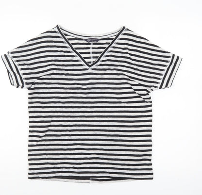 Marks and Spencer Women’s Black Striped Linen Blend V-Neck T-Shirt Size 8