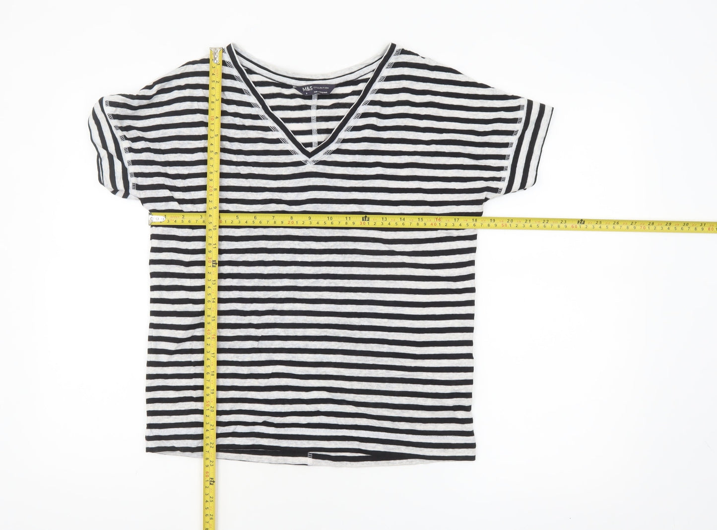 Marks and Spencer Women’s Black Striped Linen Blend V-Neck T-Shirt Size 8