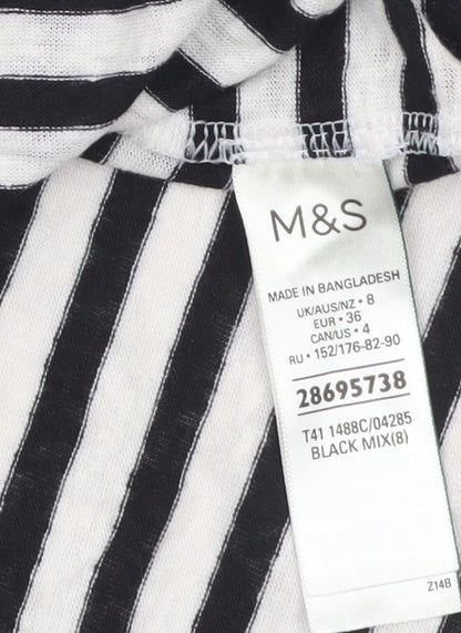 Marks and Spencer Women’s Black Striped Linen Blend V-Neck T-Shirt Size 8