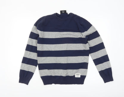 McKenzie Men's Blue Grey Striped Cotton Crew Neck Jumper M