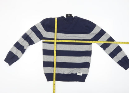 McKenzie Men's Blue Grey Striped Cotton Crew Neck Jumper M