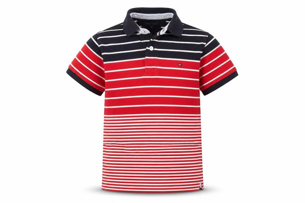 Tommy Hilfiger Boys Red Navy Striped Short Sleeve Polo Shirt 10 Years