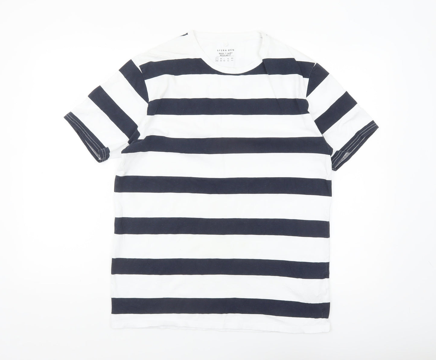 Sfera Men Black White Striped Regular Fit Cotton T-Shirt Size S