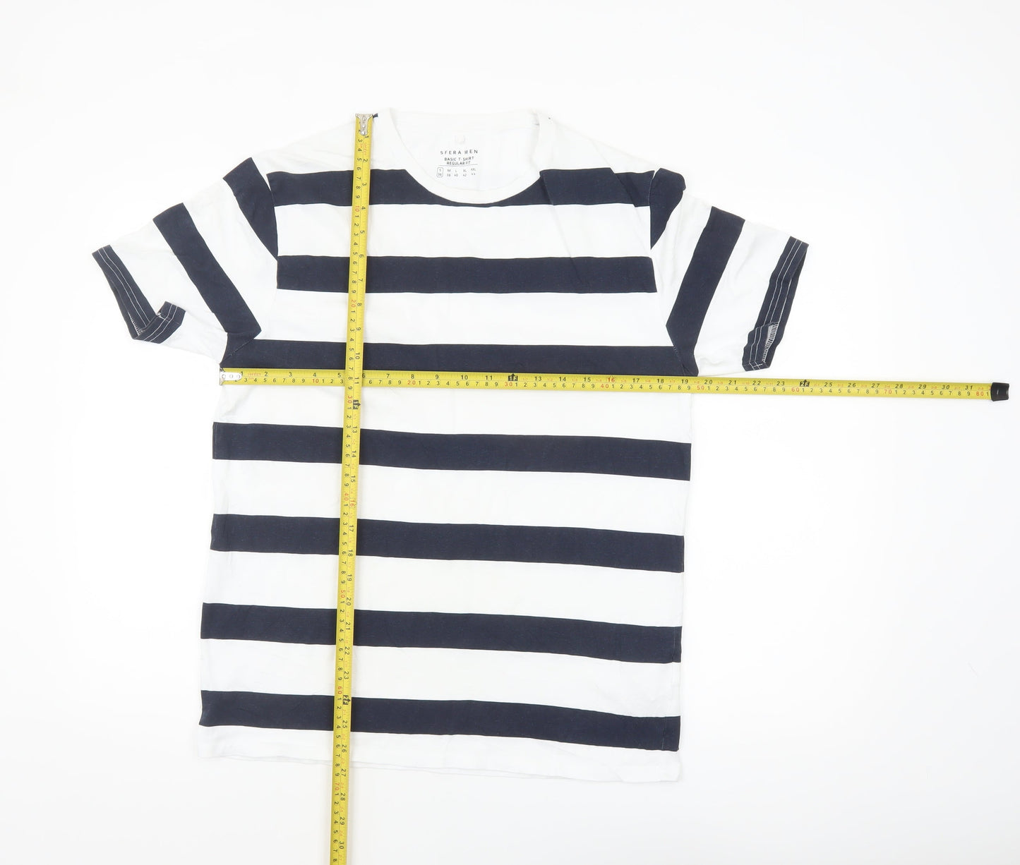 Sfera Men Black White Striped Regular Fit Cotton T-Shirt Size S