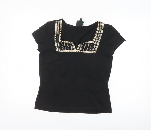 Laura Ashley Women's Black Embroidered Cotton Stretch T-Shirt M
