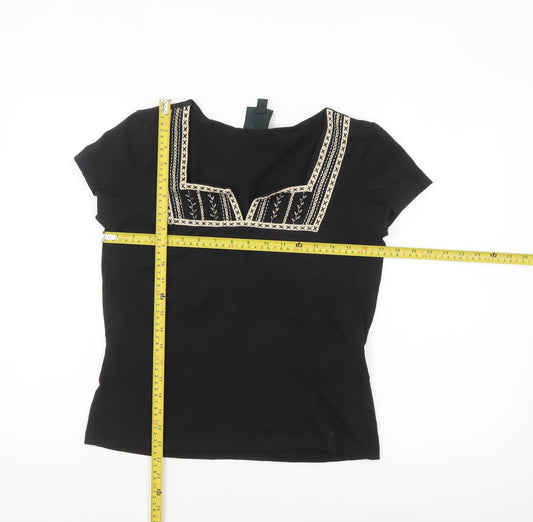 Laura Ashley Women's Black Embroidered Cotton Stretch T-Shirt M