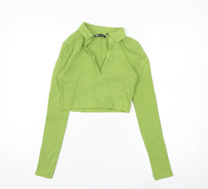 ZARA Women's Green Cropped Collared Long Sleeve Top Size S