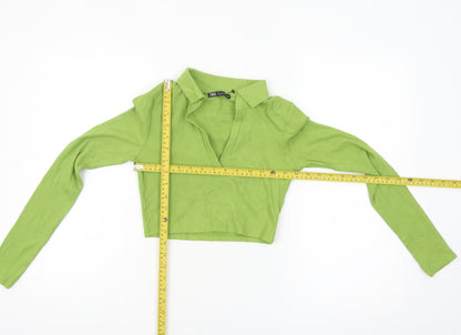 ZARA Women's Green Cropped Collared Long Sleeve Top Size S
