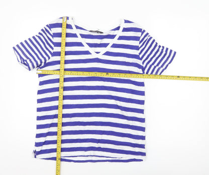 Marks and Spencer Women's Blue Striped V-Neck Cotton T-Shirt Size 10