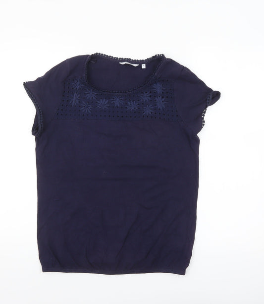 Next Women Blue Embroidered Cotton Short Sleeve Blouse Size 14