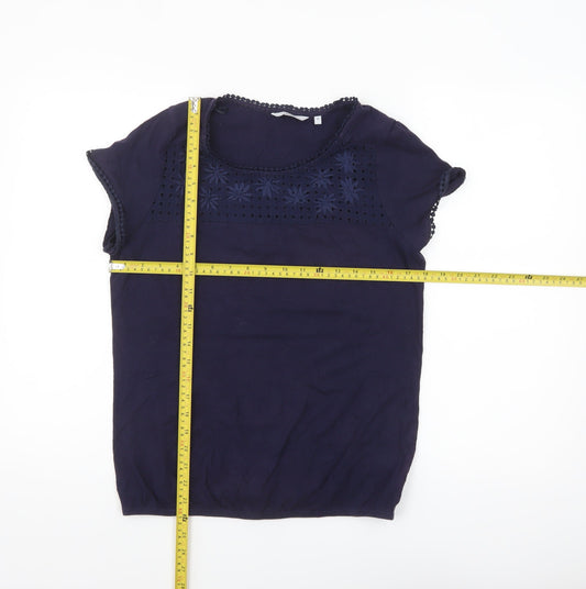 Next Women Blue Embroidered Cotton Short Sleeve Blouse Size 14