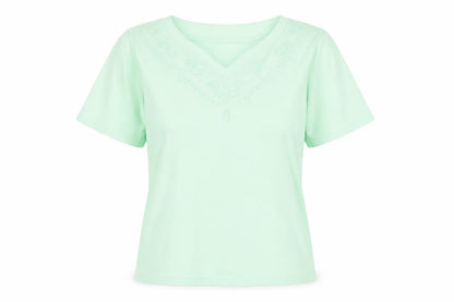 Honor Millburn Women's Green Embroidered V-Neck Cotton T-Shirt Size S