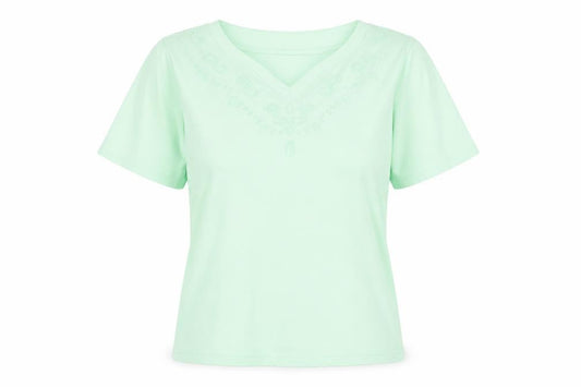 Honor Millburn Women's Green Embroidered V-Neck Cotton T-Shirt Size S
