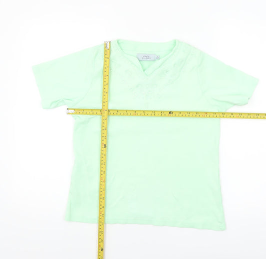 Honor Millburn Women's Green Embroidered V-Neck Cotton T-Shirt Size S