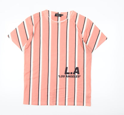 boohooMAN Men's Coral Striped LA Graphic T-Shirt Size M Polyester Crew Neck