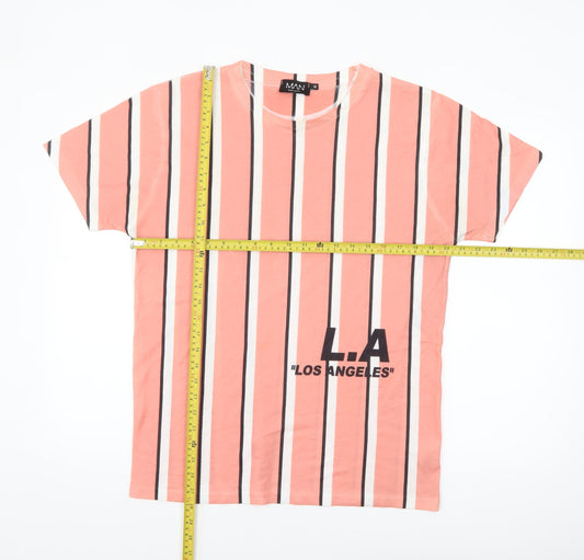 boohooMAN Men's Coral Striped LA Graphic T-Shirt Size M Polyester Crew Neck
