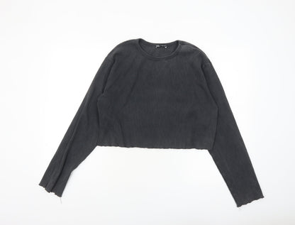 Zara Women Black Cropped Long Sleeve Ribbed Cotton Top Size 14