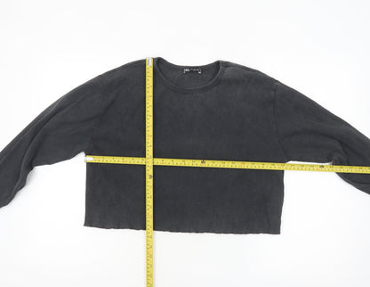Zara Women Black Cropped Long Sleeve Ribbed Cotton Top Size 14