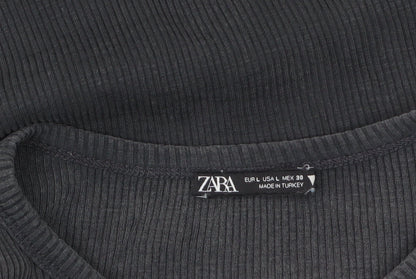 Zara Women Black Cropped Long Sleeve Ribbed Cotton Top Size 14