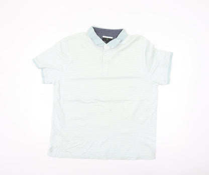 Jasper Conran Men's Blue Striped Button-Down Cotton Polo Shirt L