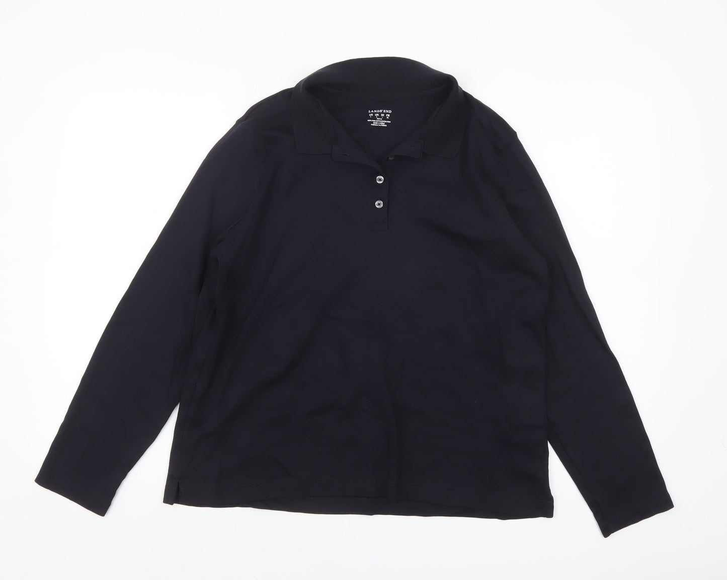 Lands' End Women's Black Long Sleeve Polo Shirt Size L Petite 100% Cotton