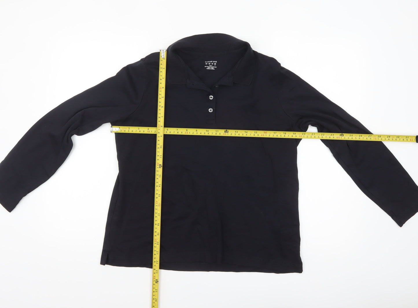 Lands' End Women's Black Long Sleeve Polo Shirt Size L Petite 100% Cotton