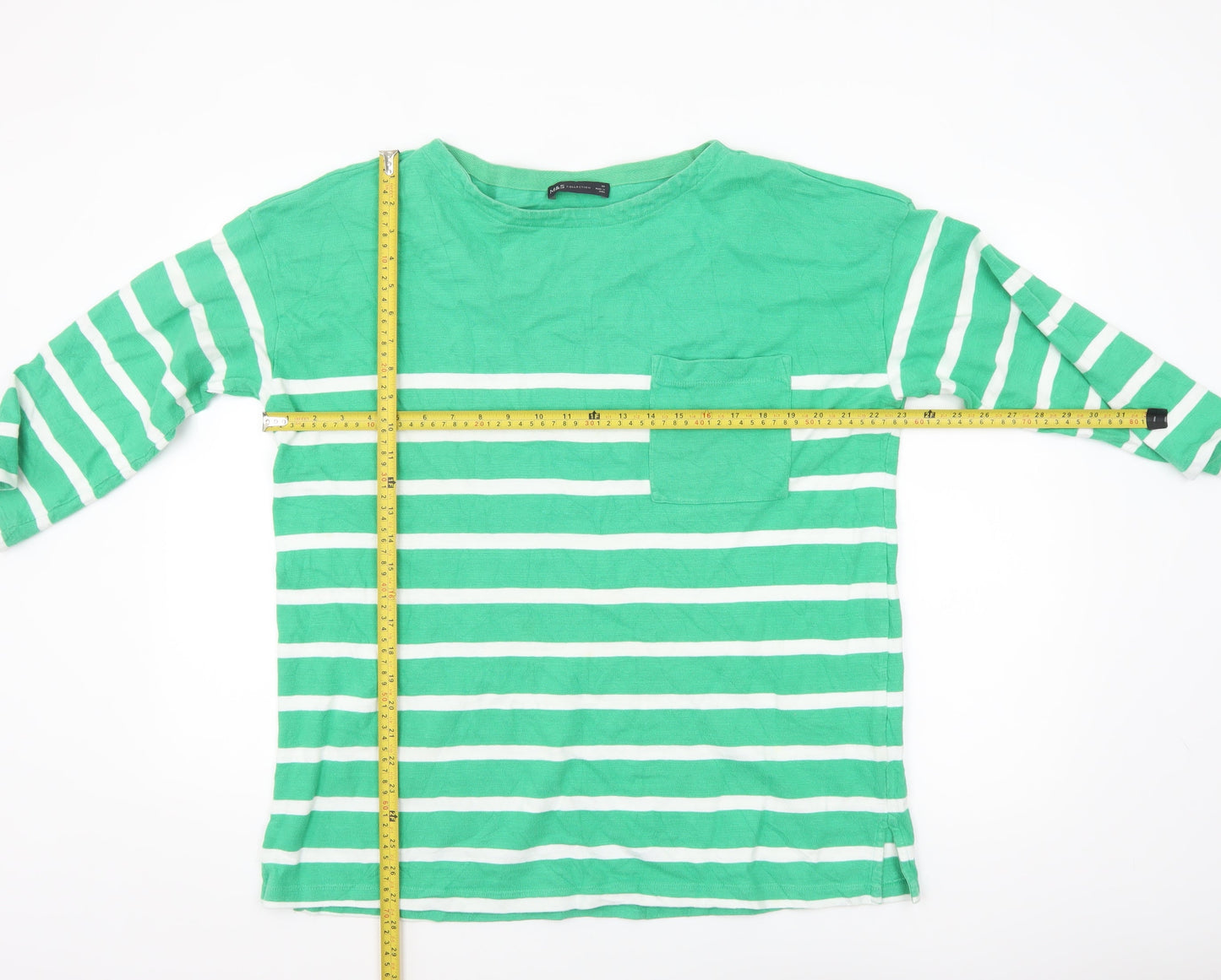 Marks and Spencer Women’s Green Striped 3/4 Sleeve Cotton T-Shirt Size 14