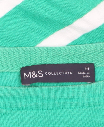 Marks and Spencer Women’s Green Striped 3/4 Sleeve Cotton T-Shirt Size 14