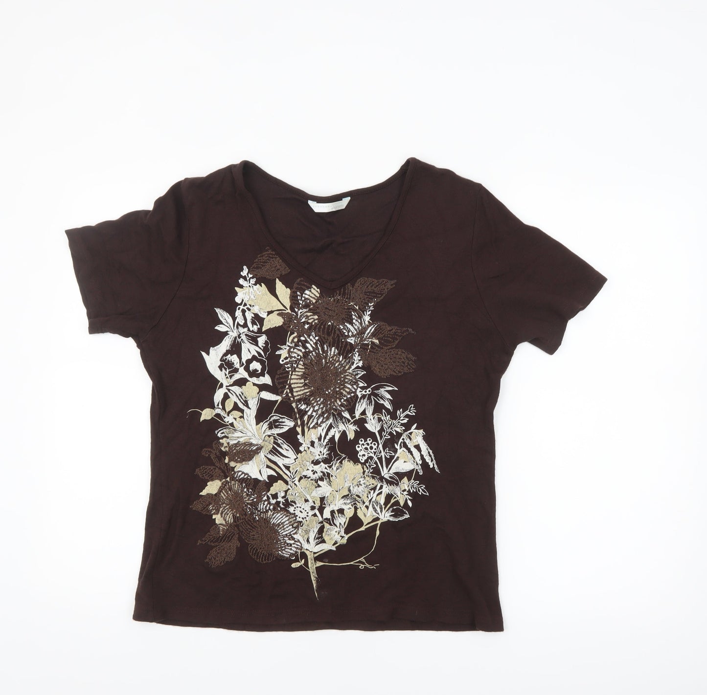 Amaranto Womens Brown Floral V-Neck Short Sleeve T-Shirt Size 14