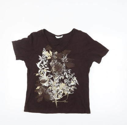 Amaranto Womens Brown Floral V-Neck Short Sleeve T-Shirt Size 14