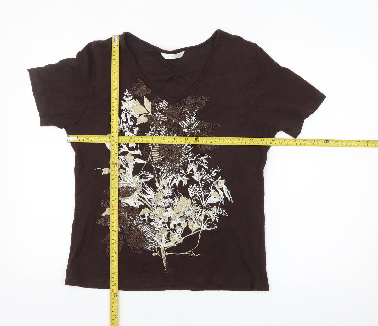 Amaranto Womens Brown Floral V-Neck Short Sleeve T-Shirt Size 14