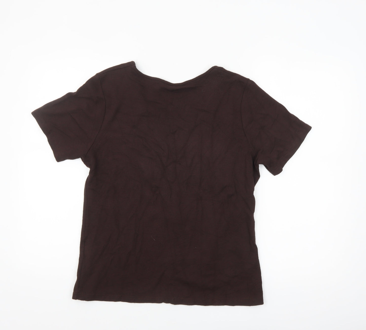 Amaranto Womens Brown Floral V-Neck Short Sleeve T-Shirt Size 14