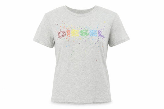 Diesel Women's Grey Cotton Rainbow Logo T-Shirt Size S