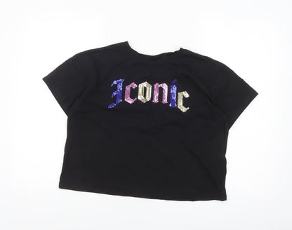 H&M Divided Women’s Black Sequin Iconic Cropped T-Shirt Size 14