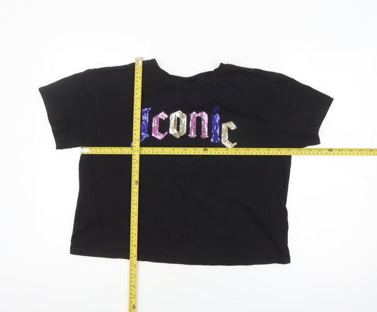 H&M Divided Women’s Black Sequin Iconic Cropped T-Shirt Size 14
