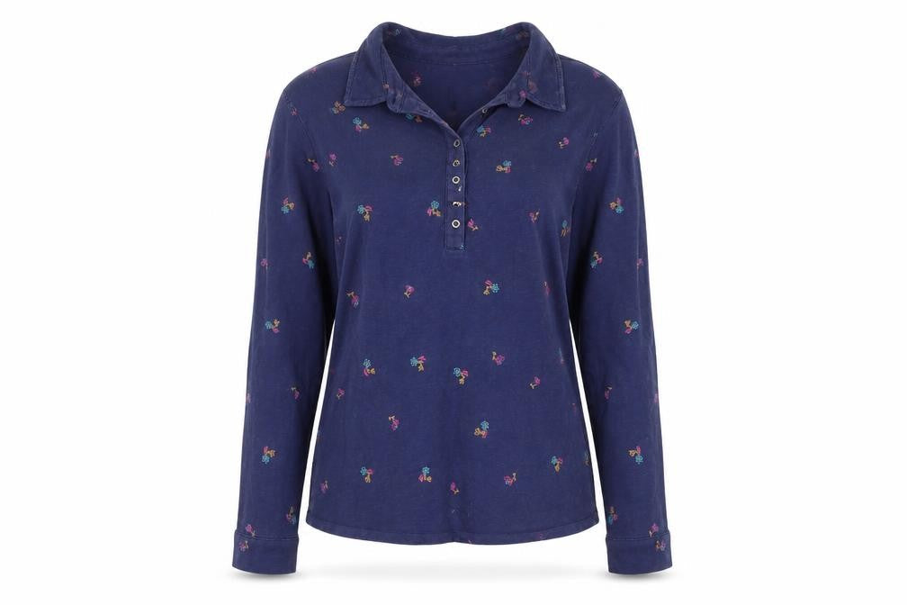 WoolOvers Women's Navy Blue Floral Embroidered Long Sleeve Polo Shirt M
