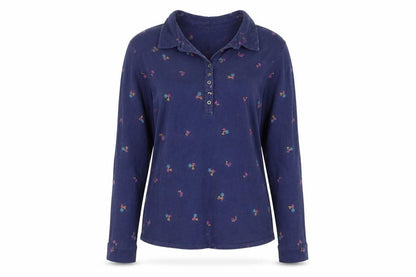 WoolOvers Women's Navy Blue Floral Embroidered Long Sleeve Polo Shirt M