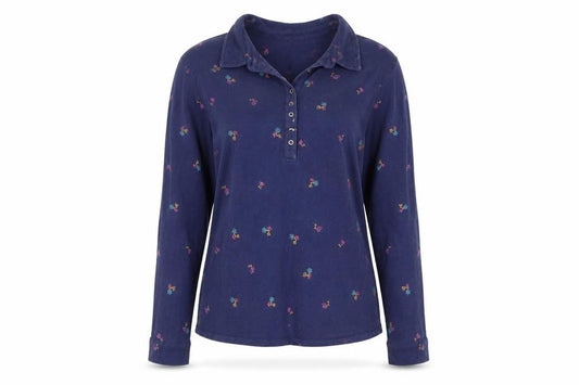 WoolOvers Women's Navy Blue Floral Embroidered Long Sleeve Polo Shirt M