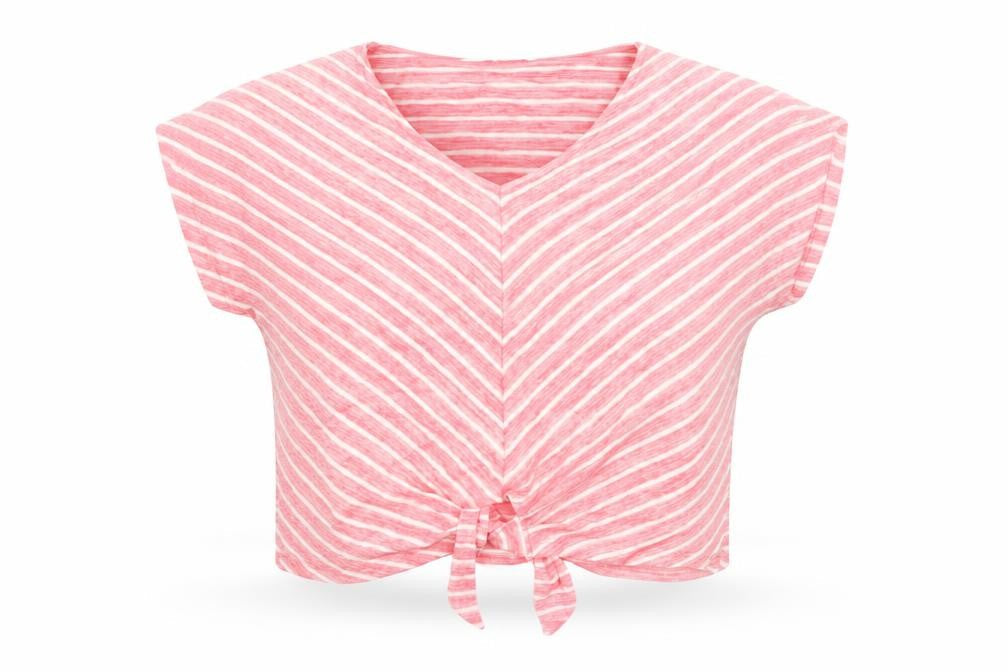 Cotton Traders Women's Pink Striped Tie Front Cropped V-Neck T-Shirt Size 12