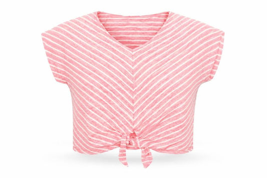 Cotton Traders Women's Pink Striped Tie Front Cropped V-Neck T-Shirt Size 12
