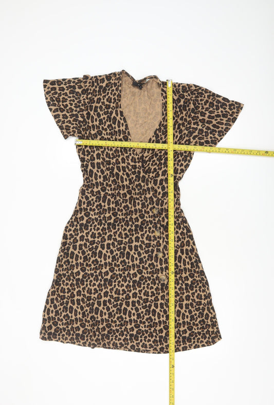 Next Women’s Brown Leopard Print Wrap Dress Size 8 Short Sleeve